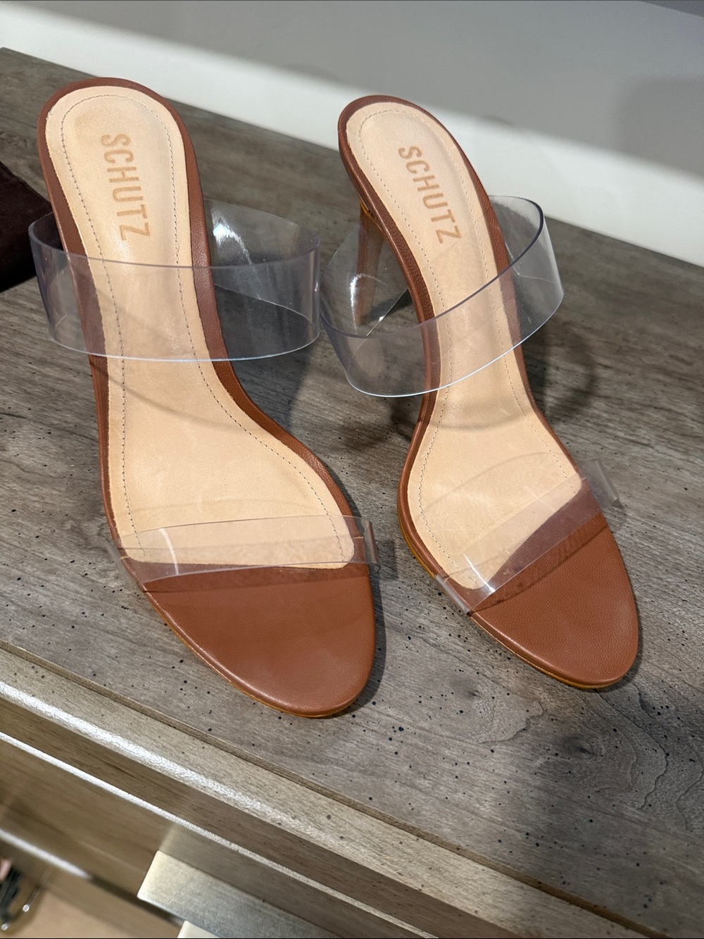 SCHUTZ Ariella Leather Clear Strap PVC Tan Heel Sandals (New)
